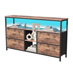 EuroLiving TV stolek 108 cm, LED, tygrovaný vzhled dřeva, 4 vintage látkové zásuvky, kovový rám, výškově nastavitelné nohy, retro moderní obraz