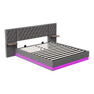 ČALOUNĚNÁ postel 140x200 cm šedá s RGB LED, úložným prostorem, USB-C a bezdrátovým nabíjením, lněný potah obraz