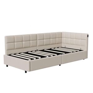 EuroLiving ČALOUNĚNÁ postel 90x200 cm béžová s hydraulickým úložným prostorem, LED osvětlení, rohová postel s opěradlem obraz