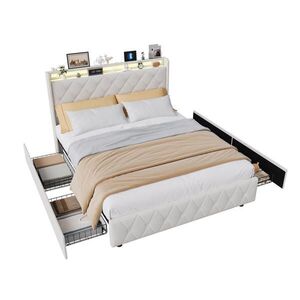 EuroLiving ČALOUNĚNÁ postel 140x200 cm se 4 zásuvkami, LED, USB a Type-C, čelo pro manželskou postel a lamelový rošt, béžová obraz