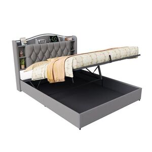 EuroLiving ČALOUNĚNÁ postel 160x200 cm s úložným boxem, LED a USB, manželská postel s úložným prostorem v čele postele a bezdrátovým nabíjením, šedá obraz