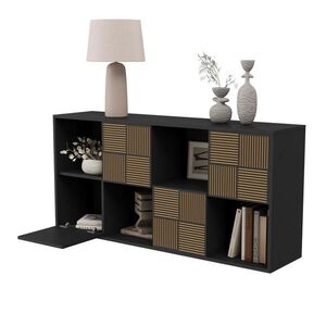 KNIHOVNA 125x30x60 cm, dřevěný laťkový design, úložný prostor v příborníku, černá obraz