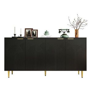 STILVORA KUCHYŇSKÁ SKŘÍŇ v černé barvě se 4 dvířky a zlatými kartáčovanými úchyty, do obývacího pokoje, 160 × 40 × 80 cm obraz