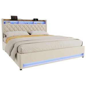 WISHDOR ČALOUNĚNÁ POSTEL 180/200 cm v béžovém sametu, s matrací, úložným prostorem, USB a LED obraz