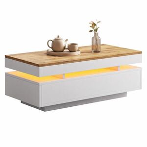STILVORA KONFERENČNÍ STŮL bílý a přírodní se 2 zásuvkami, LED, vysoký lesk, do obývacího pokoje, 100 × 50 × 35 cm obraz