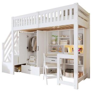 STILVORA HOCHBETT 90/200 cm in Weiß mit Ablageleiter, Kleiderschrank, Schreibtisch und Schubladen obraz
