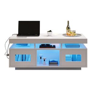 OKWISH KONFERENČNÍ stolek 100/50/43 cm bílý z dřevotřískové desky s LED osvětlením a USB nabíjením obraz