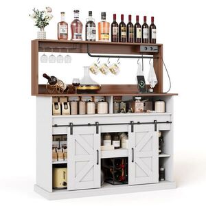 OKWISH BOČNÍ skříň 120/40/130 cm bílá a přírodní z MDF s posuvnými dveřmi, držákem na sklenice a zásuvkami obraz