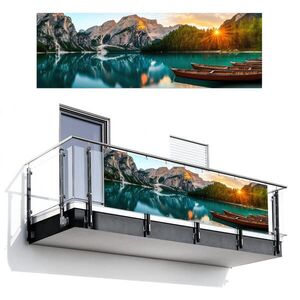 MuchoWow BALKONOVÁ ZÁSTĚNA Jezero - Hory - Západ slunce - Loď 300x100 cm obraz