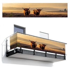 MuchoWow BALKONOVÁ ZÁSTĚNA Skotští horalé - Vřesoviště - Krajina - Zvířata 500x110 cm obraz