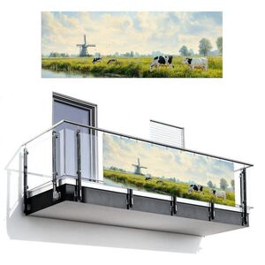 MuchoWow BALKONOVÁ ZÁSTĚNA Krávy - větrný mlýn - louka - modrá 300x110 cm obraz