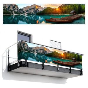 MuchoWow BALKONOVÁ ZÁSTĚNA Jezero - Hory - Západ slunce - Loď 500x120 cm obraz