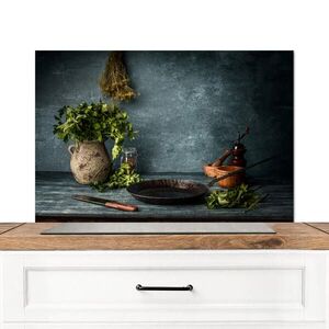 MuchoWow KUCHYŇSKÁ ZÁSTĚNA Bylinky - Koření - Pánev - Nůž - Šedý - Rustikální 90x60 cm obraz