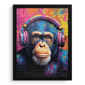 MuchoWow PLAKÁT V RÁMU Graffiti - Šimpanz - Street art - Sluchátka - Opice 30x40 cm obraz