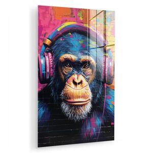 MuchoWow OBRAZ NA AKRYLOVÉM SKLE Graffiti - Šimpanz - Street art - Sluchátka - Opice 60x90 cm obraz
