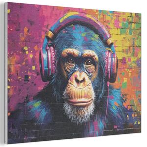 MuchoWow AKUSTICKÝ obraz Graffiti - Šimpanz - Street art - Sluchátka - Opice 80x60 cm obraz