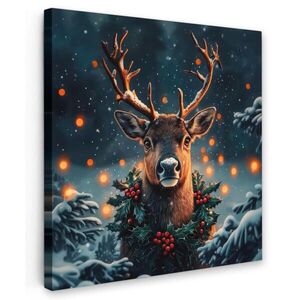 MuchoWow OBRAZ NA PLÁTNĚ Jelen - Vánoce - Zima - Sníh - Vánoční věnec 20x20 cm obraz