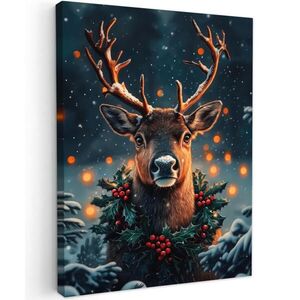 MuchoWow OBRAZ NA PLÁTNĚ Jelen - Vánoce - Zima - Sníh - Vánoční věnec 60x80 cm obraz