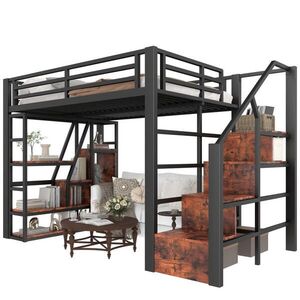 OKWISH PATROVÁ postel 140/200 cm černá z kovu a MDF s LED osvětlením, úložným prostorem a schody obraz