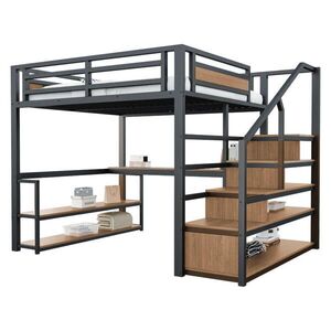 OKWISH VYSOKÁ postel 140/200 cm černá s úložnými schody a stolem z kovu a MDF obraz
