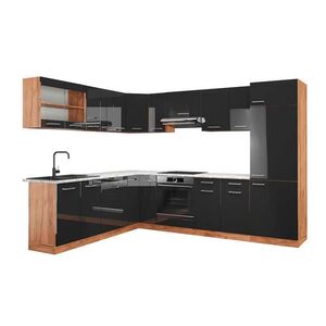 Vicco ROHOVÁ KUCHYŇ R-Line, Antracitový vysoký lesk/Zlatý mocný dub, 287 x 227 cm, PD Mramor obraz
