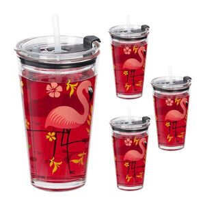 Relaxdays SKLENICE průhledné oranžové zelené 4er-Set s víčkem a brčkem obraz