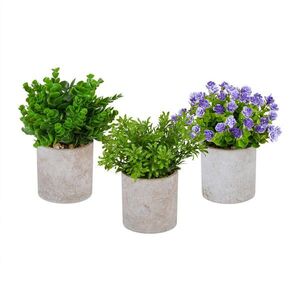 Relaxdays ROSTLINY umělé zelená fialová šedá 3dílná-sada květináč 23 cm obraz