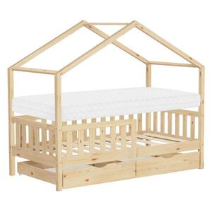 ML-DESIGN DĚTSKÁ POSTEL ve tvaru domečku s matrací 80x160 cm a 2 zásuvkami z přírodního borového dřeva obraz