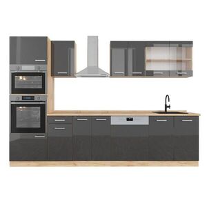 Vicco KUCHYŇSKÝ KOUT R-Line Antracitový vysoký lesk/zlatý dub power 300 cm s vysokou skříní, PD Dub obraz