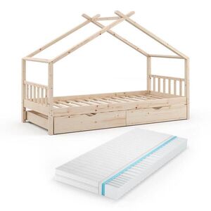 VitaliSpa DOMEČKOVÁ POSTEL Design Přírodní dřevo 90x200 cm s lůžkem pro hosty a matrací obraz