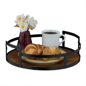 Relaxdays PODNOS hnědý černý kulatý akáciové dřevo kov 30, 5 cm obraz