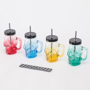 Relaxdays SKLENICE Barevná 4-dílná-sada lebka s víčkem a brčkem 500 ml obraz