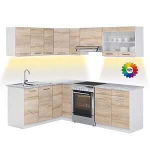 Vicco ROHOVÁ KUCHYŇSKÁ LINKA R-Line, Sonoma/Bílá, 227 x 167 cm s pracovní deskou s páskem LED obraz