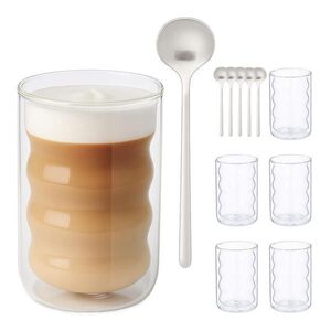 Relaxdays SKLENICE Transparentní Stříbrná sada-6 ks dvoustěnné borosilikátové sklo s lžičkami 350 ml obraz