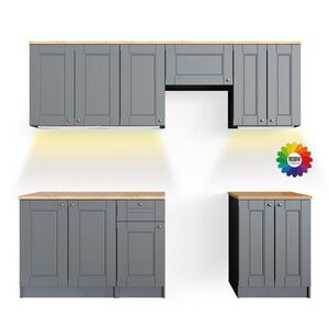 Vicco KUCHYŇSKÝ KOUT Bergamo Ušlechtilá šedá 240 cm s pracovní deskou s páskem LED obraz
