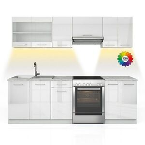 Vicco KUCHYŇSKÁ LINKA R-Line, Bílá vysoký lesk/Bílá, 240 cm s pracovní deskou s páskem LED obraz