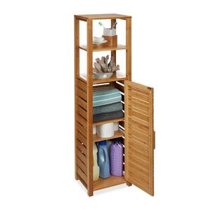 Relaxdays REGÁL Přírodní bambus do koupelny 6 polic 1 dvířka 119x33x25, 5 cm obraz