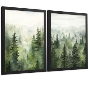 Nacnic PLAKAT Sada 2 dekorativních tisků Nordic Forest Landscape Moderní obývák Obrázky - Zelené dekorativní plakáty Dekorace Obývací pokoj A3 Černý r obraz