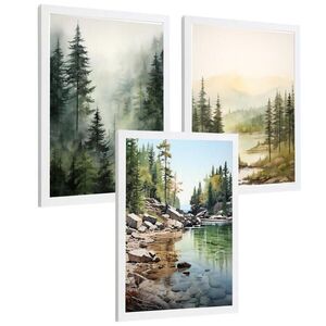PLAKAT Sada tří dekorativních tisků Nordic Landscape obývací pokoj Obrázky - zelené a hnědé dekorativní plakáty Obývací pokoj A4 bílý rám obraz