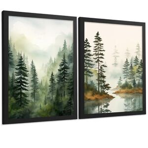 Nacnic PLAKAT Sada 2 dekorativních tisků Nordic Forest Landscape Moderní obývací pokoj Obrázky - Zelené a hnědé dekorativní plakáty A3 Černý rám obraz