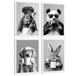 Nacnic PLAKAT Sada 4 Funny Animals byn A3 Bílý rám obraz