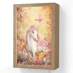 OnlyWow NÁSTĚNNÁ LAMPA Jednorožec - Květiny - Motýl - Růžová 20x30 cm obraz