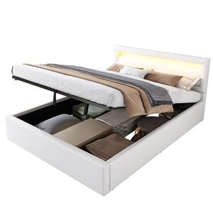 OKWISH ČALOUNĚNÁ postel 140/200 cm bílá z PU s LED osvětlením a úložným prostorem obraz