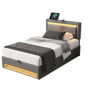 OKWISH ČALOUNĚNÁ postel 90/190 cm šedá z PU s LED osvětlením USB nabíjením a úložným prostorem obraz
