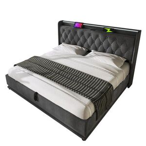 OKWISH ČALOUNĚNÁ postel 140/200 cm šedá z lnu s LED osvětlením USB-C a hydraulickým úložným prostorem obraz