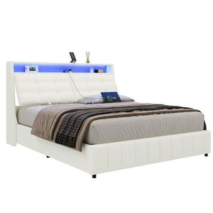 OKWISH ČALOUNĚNÁ postel 160/200 cm bílá z MDF a překližky s LED, USB a úložným prostorem obraz
