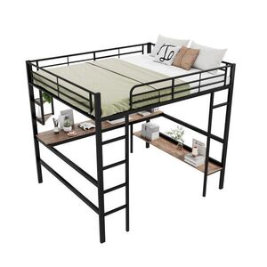 OKWISH VYSOKÁ postel 140/200/180 cm černá s psacím stolem a policemi z kovu a MDF obraz