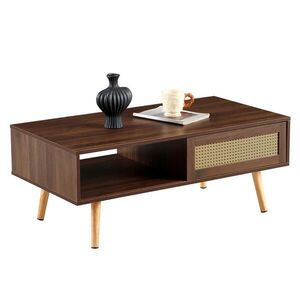 OKWISH KONFERENČNÍ stolek 105/55/40 cm hnědý z MDF s ratanovými posuvnými dvířky obraz