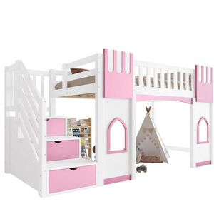OKWISH PATROVÁ postel 90/200 cm bílá/růžová z MDF a borovice se schody obraz