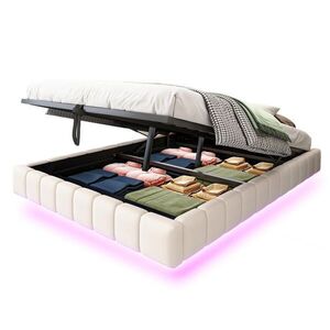 OKWISH ČALOUNĚNÁ postel 140/200 cm béžová z lnu s LED osvětlením a úložným prostorem obraz